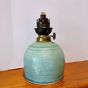 Vintage Seafoam Green Ceramic Studio Pottery Oil Lamp With Ornate Brass Coronet